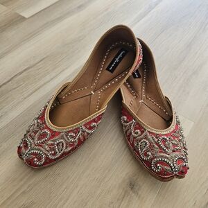 Hand Crafted Red Flats With Gold and Silver Embroidery